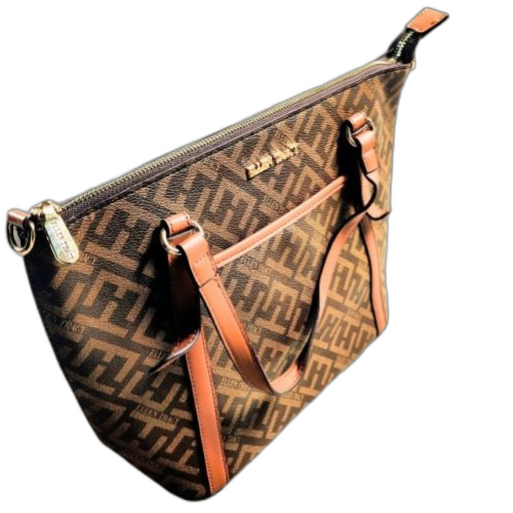 Ellen Tracy Monogram Tote Bag Brown Tan Shoulder Purse Zip Top Faux Leather